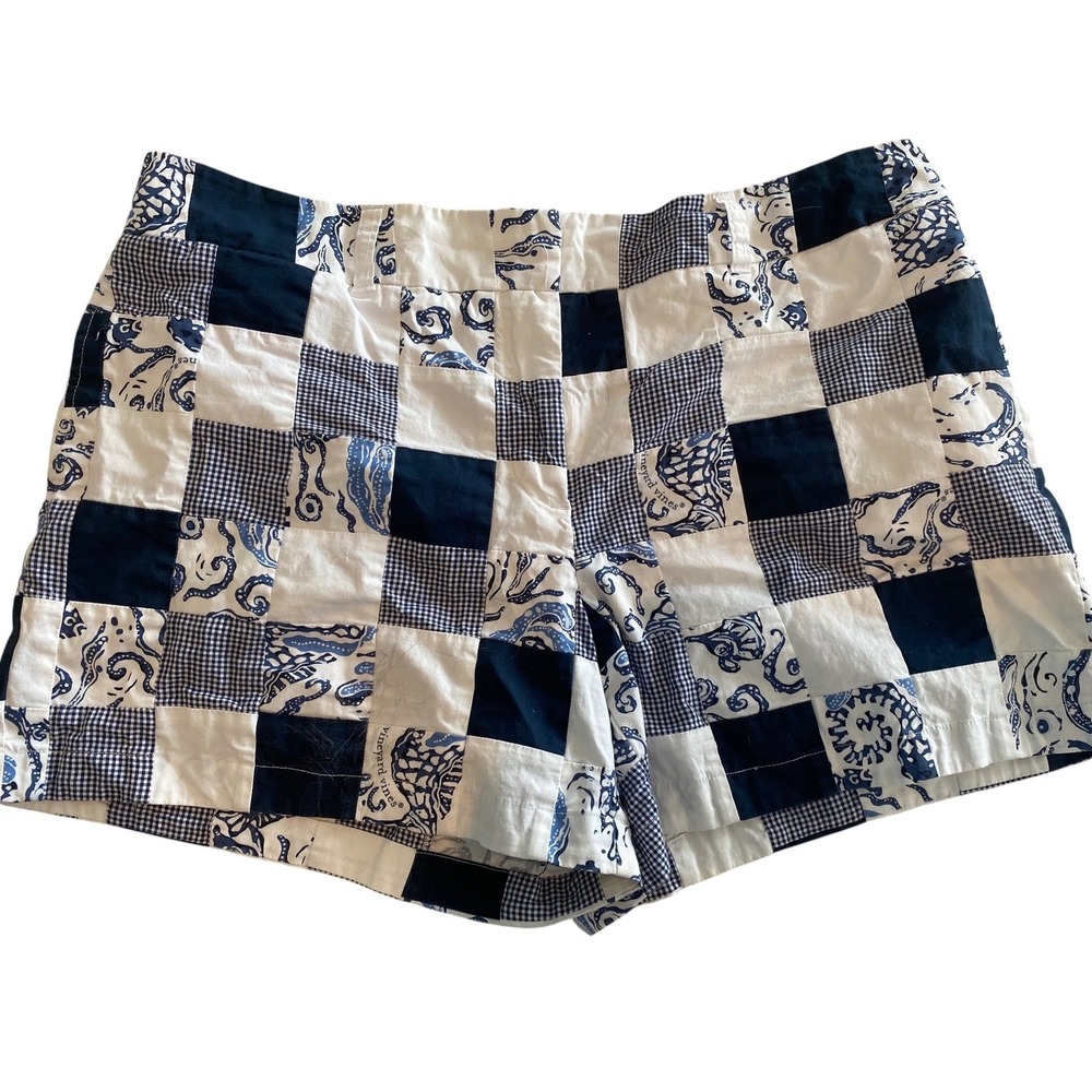 Vineyard Vines Womens Patchwork Shorts Navy White Gingham Nautical Size 14 - Picture 2 of 6